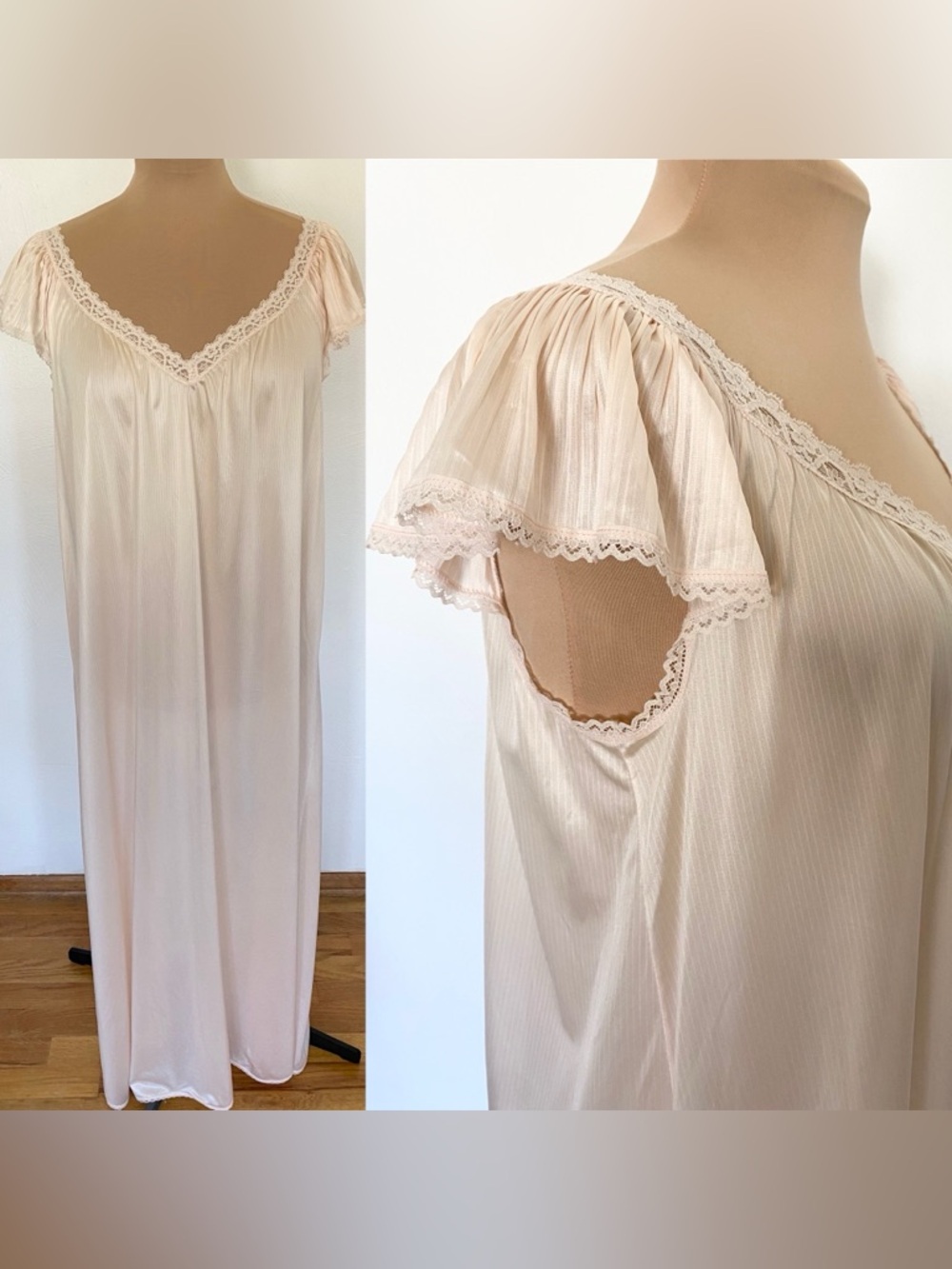 Vintage 70s JCPENNEY Maxi Nightgown *Medium* Long Peach Nylon Short Sleeve Gown